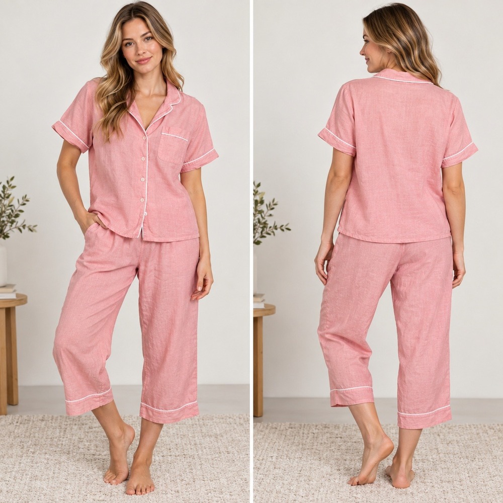 J.Crew Pajama Set Womens L Pink Linen Cotton Short Sleeve Crop Pant Loungewear
